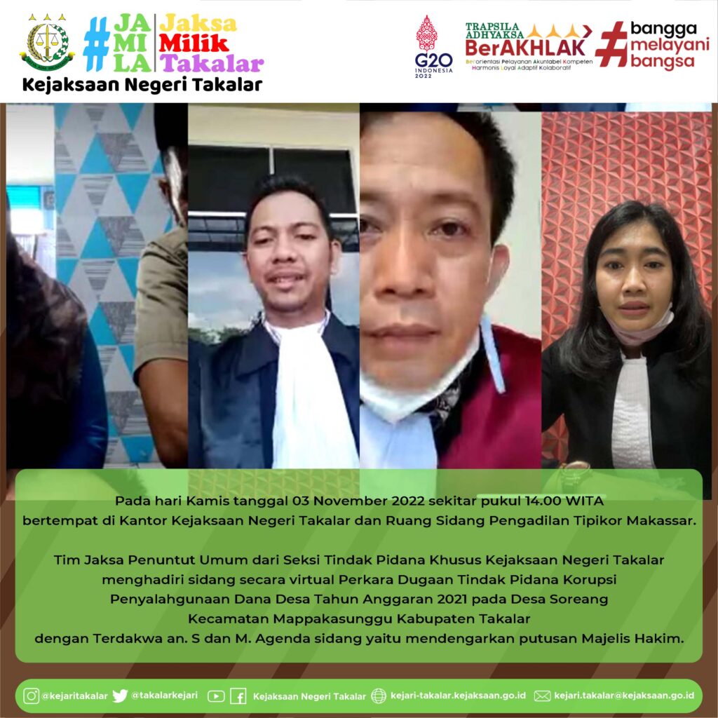 Kondisi sidang Online dengan Agenda Putusan perkara Dugaan Tindak Pidana Korupsi Penyalahgunaan Dana Desa Tahun Anggaran 2021 pada Desa Soreang Kecamatan Mappakasunggu Kabupaten Takalar.
