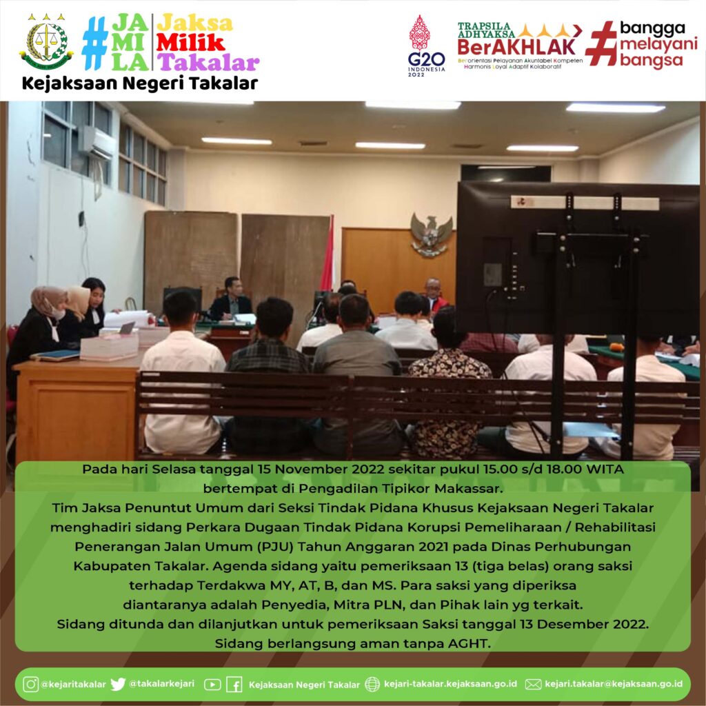 Kondisi Ruang Sidang Tipikor Makassar dengan Agenda Pemeriksaan 13 Saksi dalam perkara Dugaan Tipikor Rehabilitasi PJU Tahun Anggaran 2021 pada Dinas Perhubungan.