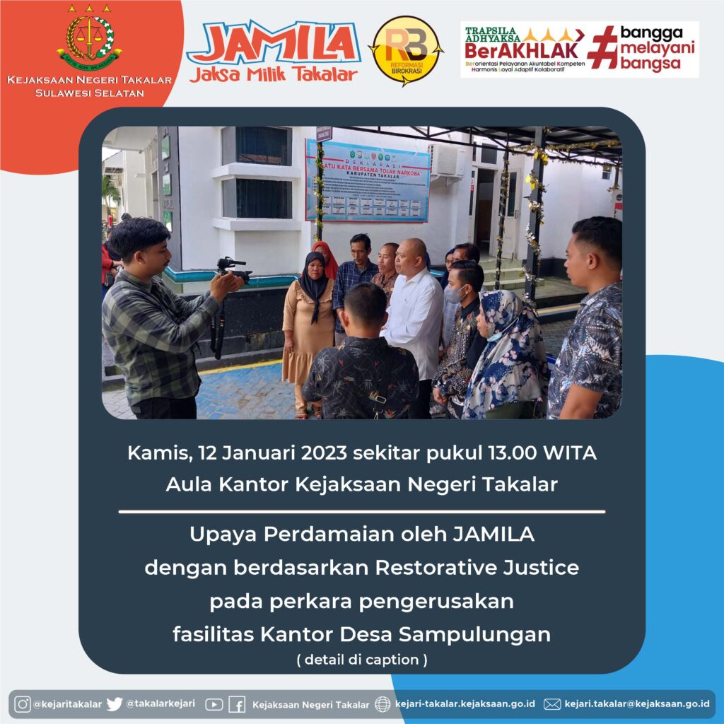 Kepala Kejaksaan Negeri Takalar Salahuddin, S.H., M.H. memberikan Keterangan Pers terkait upaya perdamaian dengan pendekatan Restorative Justice yang telah selesai dilakukan terhadap perkara pengerusakan Fasilitas Kantor Desa Sampulungan.